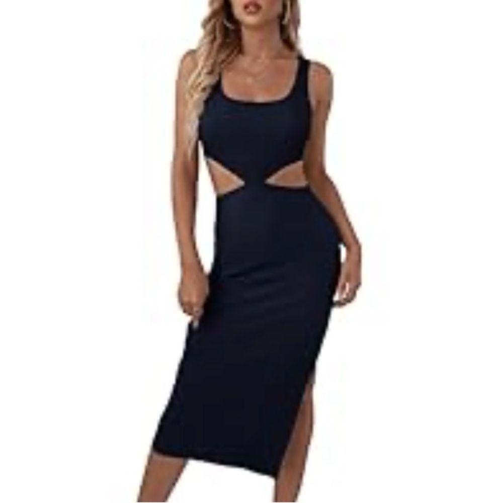Navy Blue Sleeveless Ribbed Dress with Cutouts